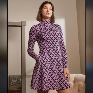 Boden High Neck Jacquard Fit Flare Dress Dust Cloud Pink Petal Print size 16/18R